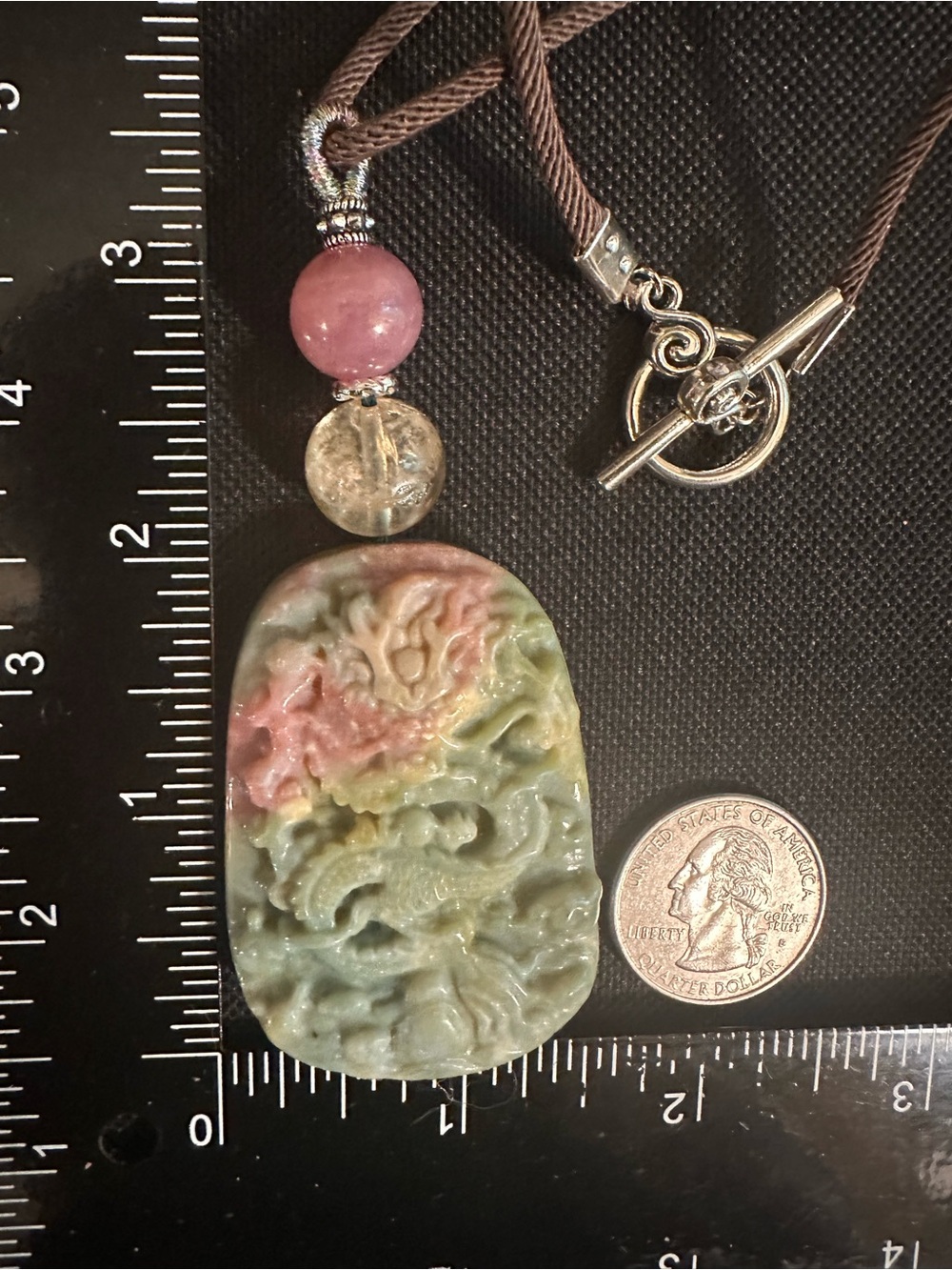 Ocean Jasper Dragon Pendant Necklace with Citrine and Rose Quartz on Brown Rope - Picture 16 of 16